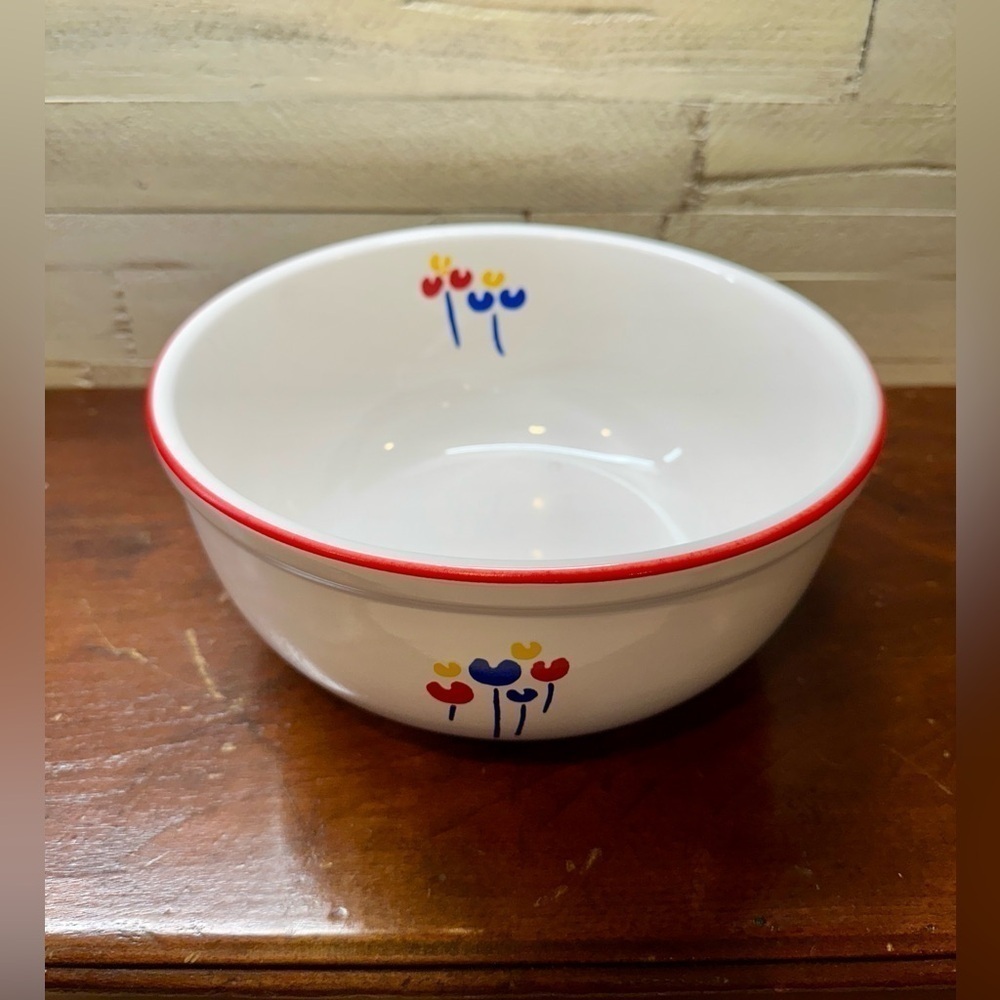 VINTAGE, RIVA DESIGNS, TULIPS, LARGE, WHITE CERAMIC BOWL. RED TRIM ON BOWL RIM.